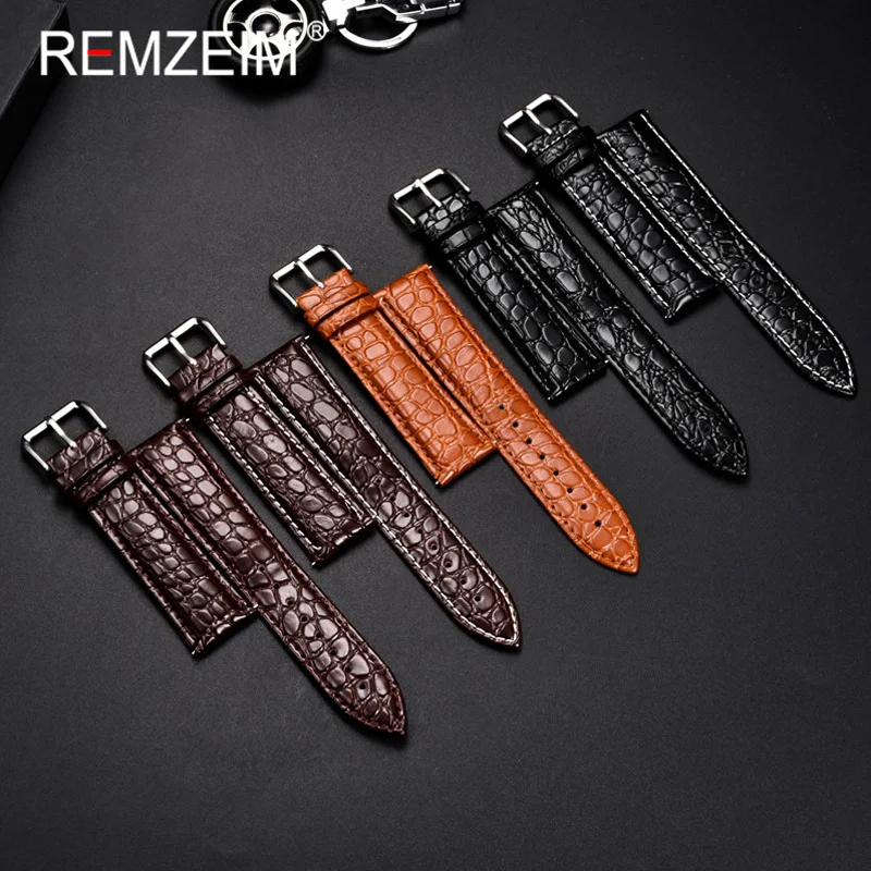 REMZEIM Leather Watchband Strap 16 /18 /20 /22 /24mm Stainless Steel Buckle Men Women Replace Band Watch Accessories