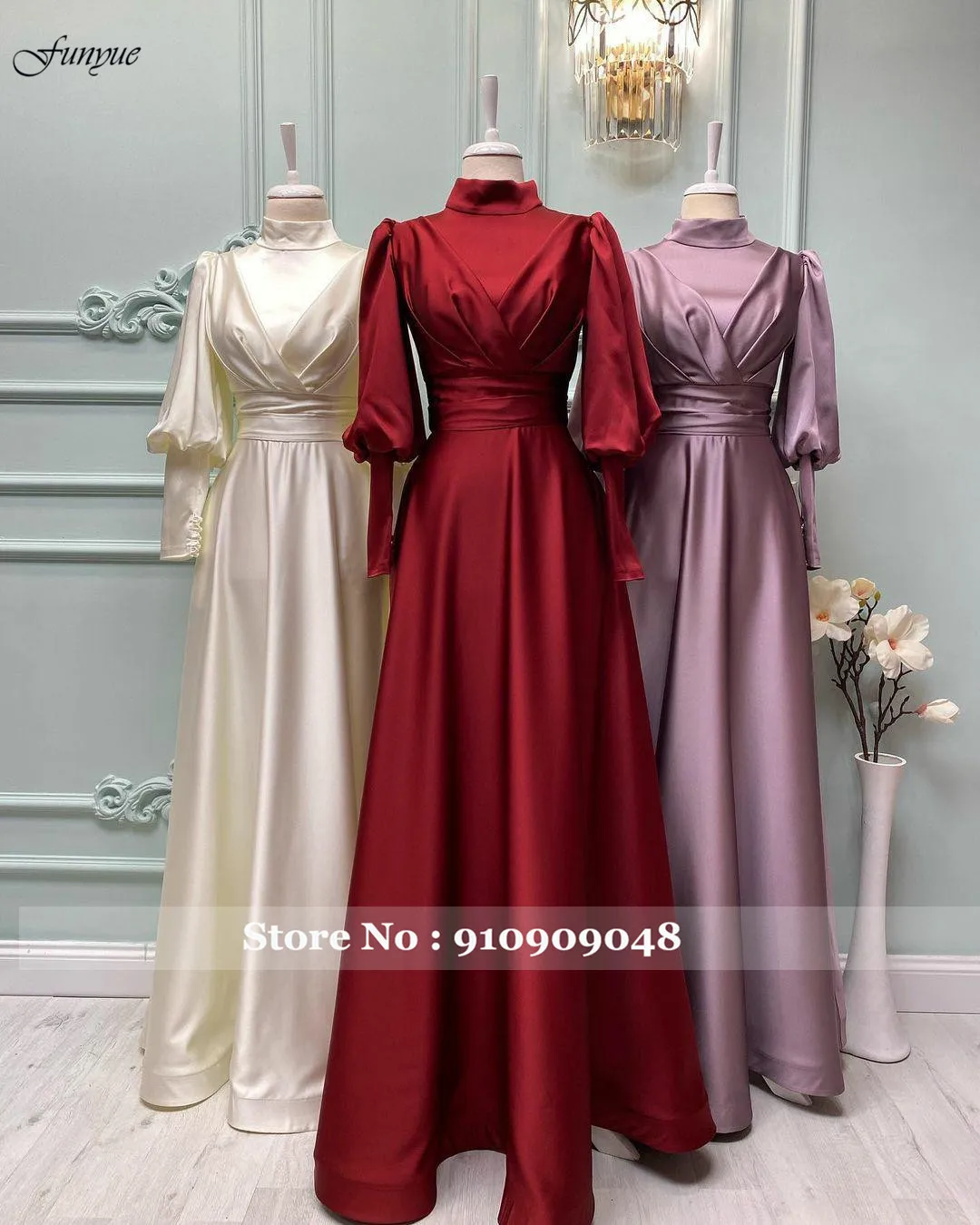 Elegant A-Line Satin Hijab Evening Gowns Long Sleeve Muslim Formal Prom Dresses Simple Abiye Gece Elbisesi Abendkleider 2024