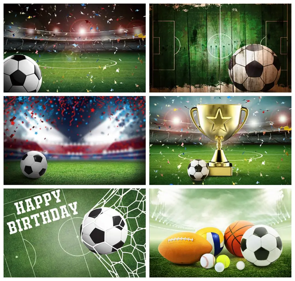 

Laeacco Photo Backgrounds Soccer Football Green Grass Stadium Ribbons Party Baby Birthday Photography Backdrop For Photo Studio