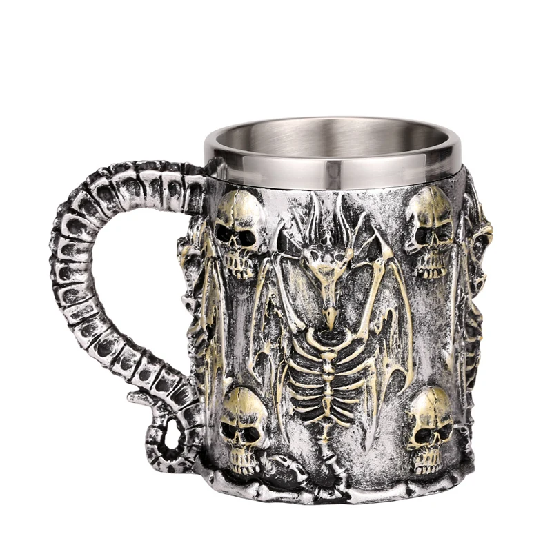 

Silver Skull Dragon Resin Stainless Steel Beer Mug 450ml Coffee Cup Retro Tankard Creative Viking Tea Mug Pub Bar Decoration