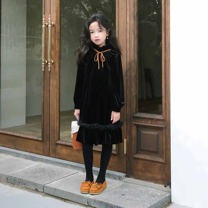 2026 New Autumn Winter Velvet Baby Teen Girls Dress Kids Clothes Children Outfit Long Sleeves Ruffles Casual Dresses Soft Cute