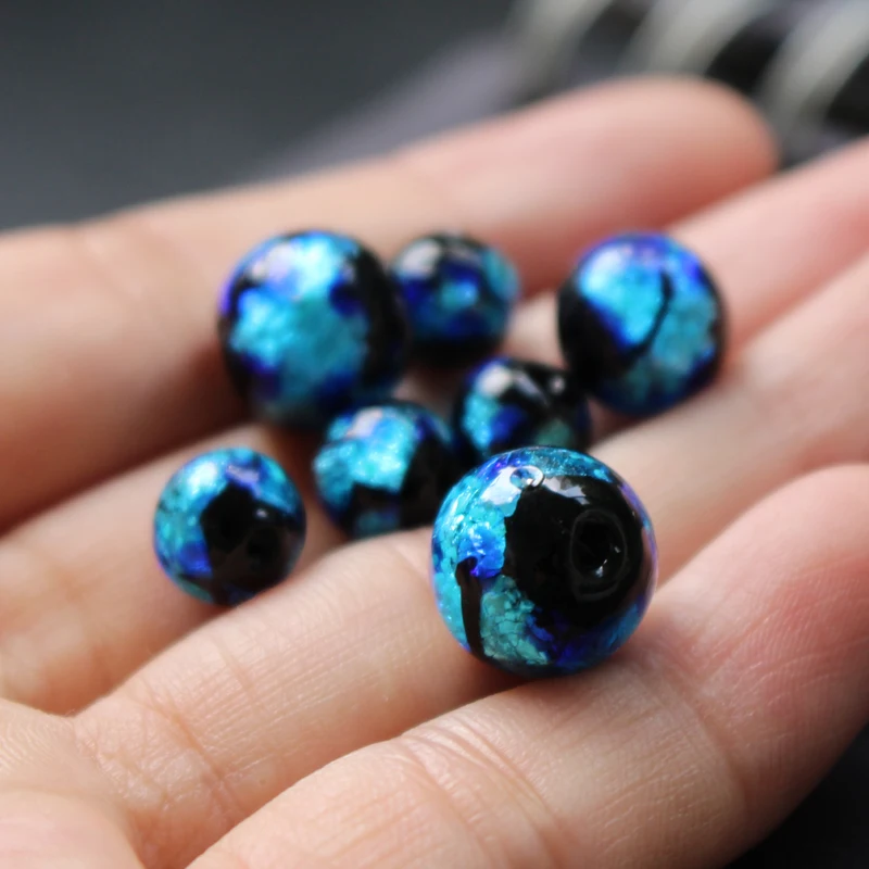 10pcs  8 10 12 14 16 18mm  Lampwork Glass Beads Luminous Light Blue Foil Glow In Darkfor jewelry Bracelet Necklace EarringMaking