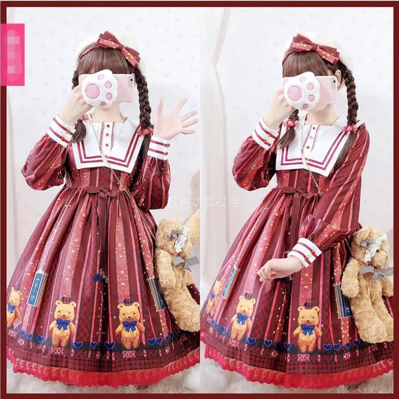 Lolita-vestido de corte Vintage con estampado de oso para niña, Vestido de manga larga con lazo, estilo Lolita, Kawa, Elorita