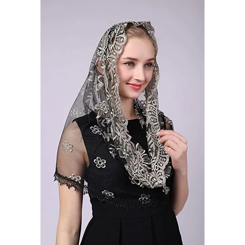 Velos de Mantilla negros y dorados para mujeres, velo de Iglesia Católica para cubrir la cabeza, envoltura de cabeza tradicional, bordado Floral, encaje redondo de tul