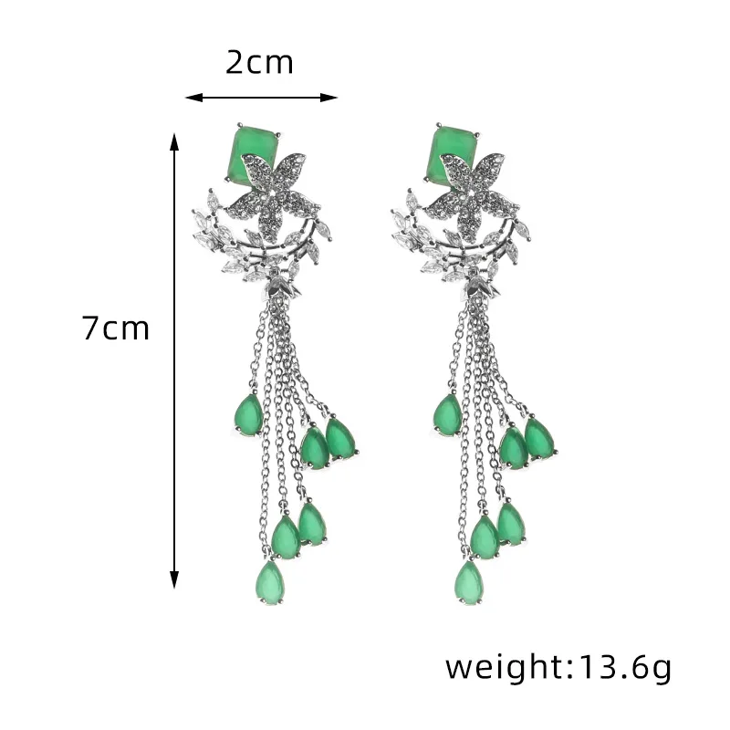 Fashion Long CZ Green Tassel Drop Earring for Women Wedding Gift