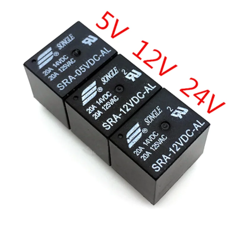 

20Pcs 5V 12V 24V DC Power Relay SRA-05VDC-CL SRA-12VDC-CL SRA-24VDC-CL 5Pin Relays 20A PCB Type In stock Black Automobile Relay