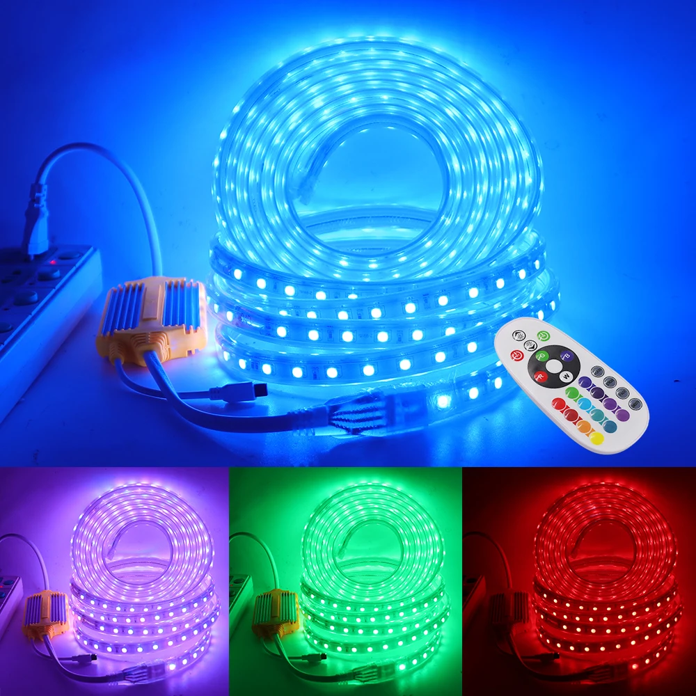 Imagem -05 - Conduziu a Luz de Tira Rgb 5050 60 120leds m Fita Flexível Uso Exterior Impermeável Tira Clara Conduzida com Controle Remoto ir 220v