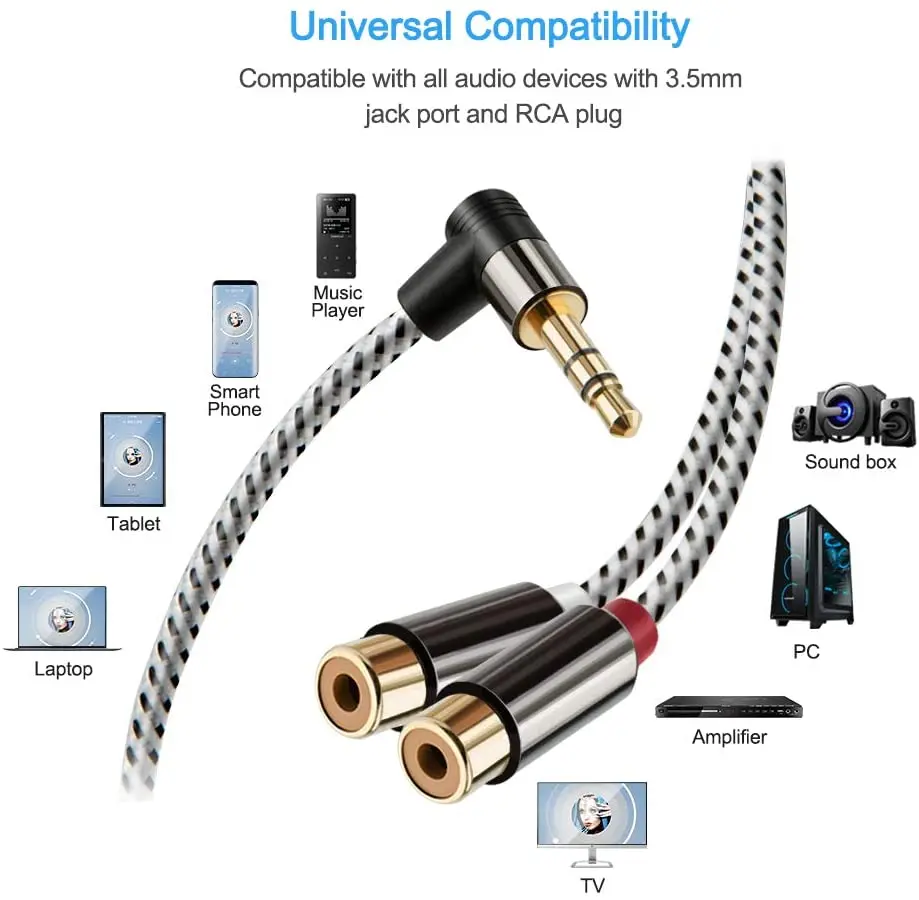 3.5 مللي متر إلى 2RCA أنثى زاوية كابل صغير جاك إلى RCA ستيريو الصوت Y كابل مطلية بالذهب ، متوافق MP3 ، أقراص ، نظام ستيريو HiFi