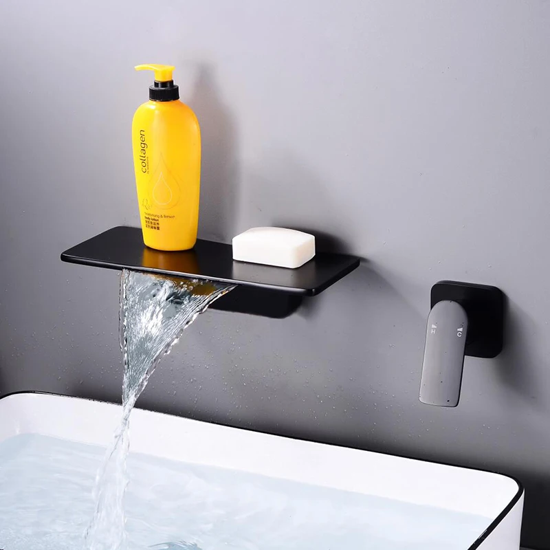 BAKALAWaterfall Faucet Matte Black&White Wall Mounted Bathroom Bathtub Faucet Large Shelf Platform Basin Water Mixer Quality Tap