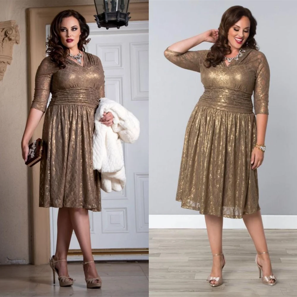 

Custom New V-Neck Gold Lace A Line Plus Size Girl Formal Prom Party Gown Evening Dresses Sexy With Half Sleeve