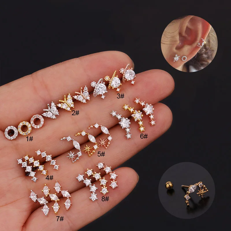 1Pc 20G New Style Stainless Steel Ear Piercing Stud Cz Star Butterfly Moon Cartilage Helix Conch Screw Back Earring