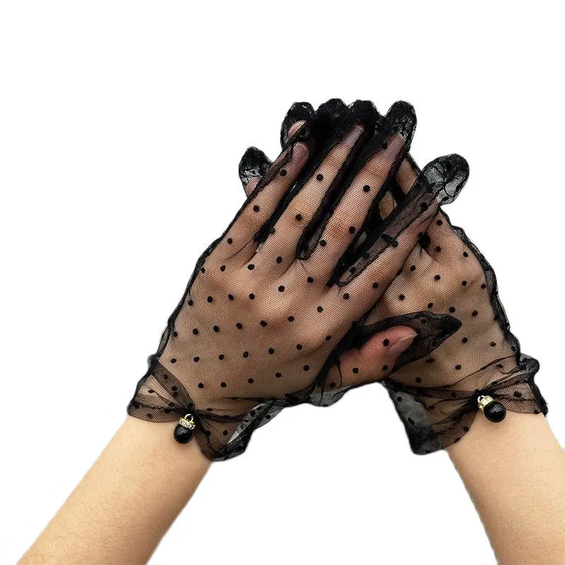 

Women Summer Sexy Hollow Transparent Lace Dot Breathable Pearl Decoration Cover Scars Drive Sunscreen Dinner Etiquette Gloves