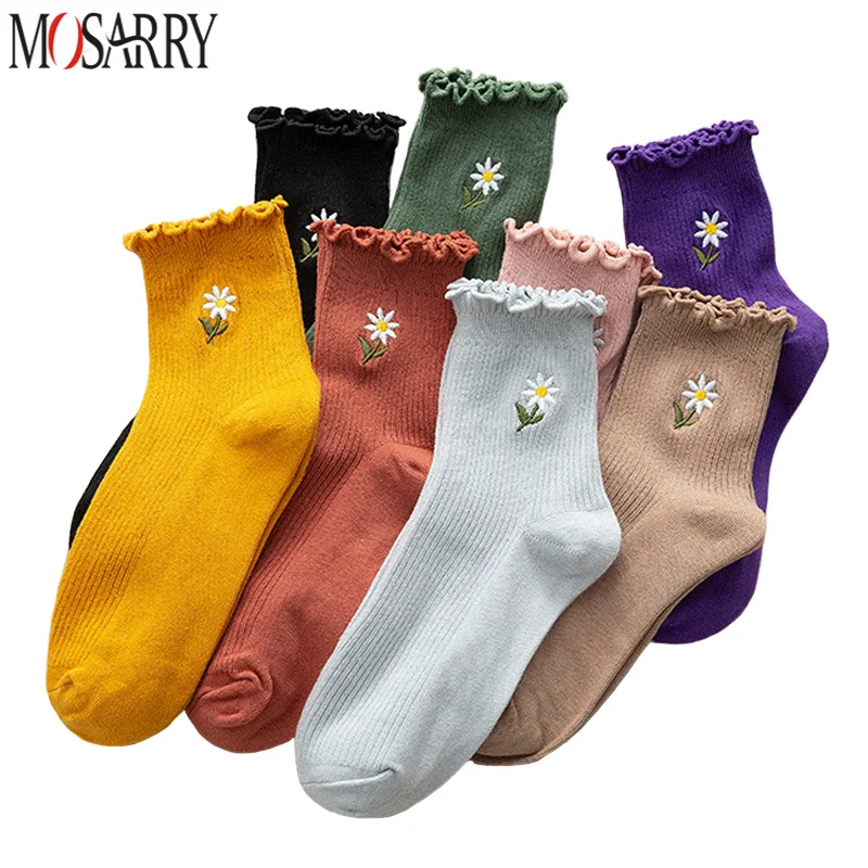 3 Pairs/Set Women Socks Frilly Cartoon Floral Solid Kawaii Comfortable Quality Fashion Fungus Medium Tube Female Socks