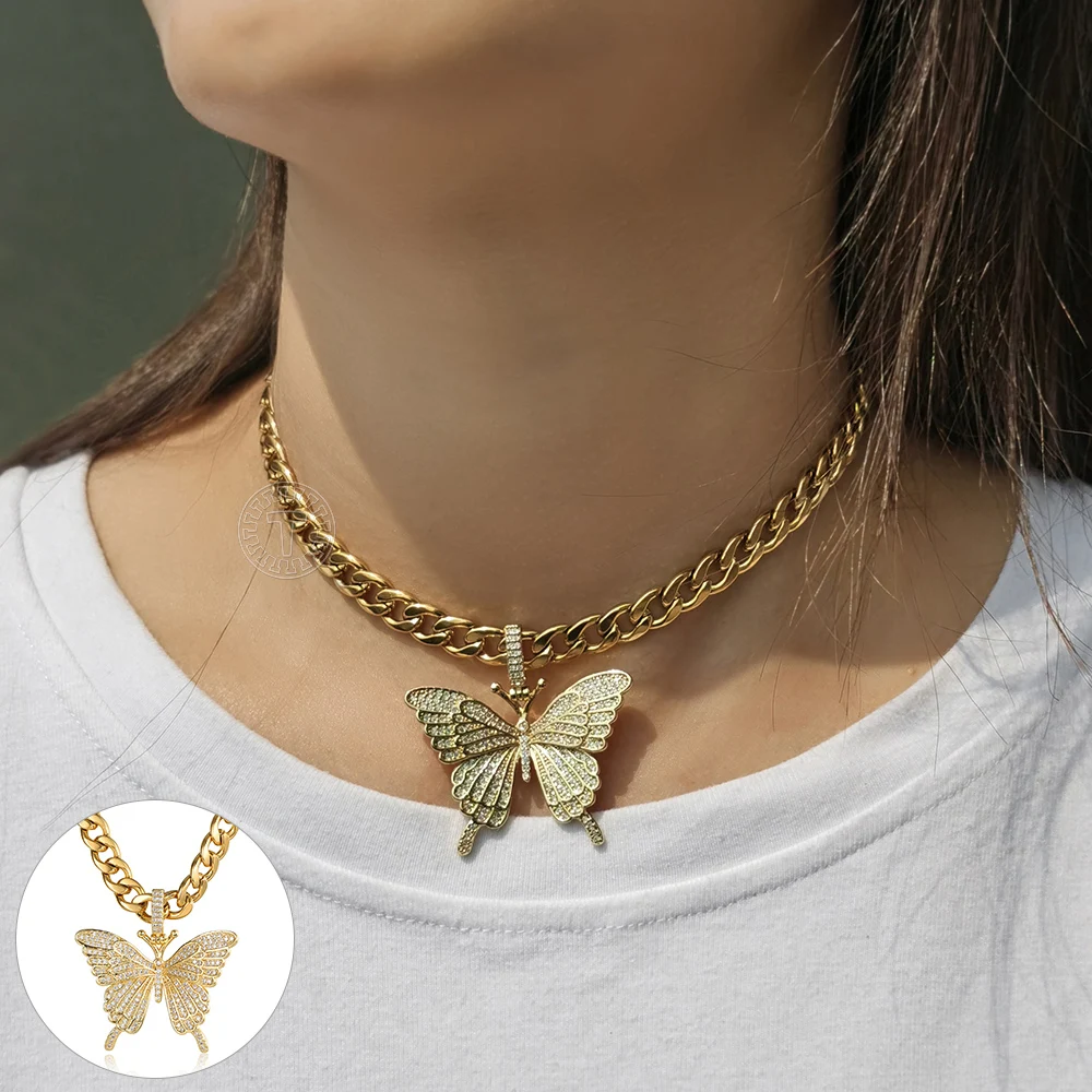 Big Butterfly Pendant Gold Color Necklaces For Women Trendy Full Rhinestone Stainless Steel Curb Cuban Link Chain GP433