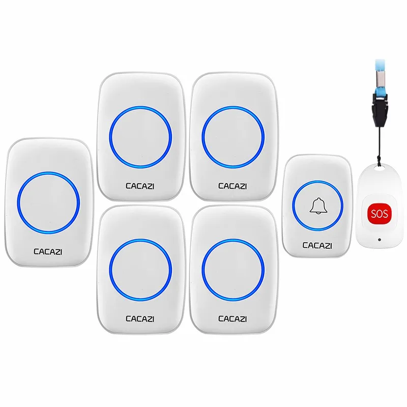 

CACAZI Smart Home Wireless Pager Doorbell Old man Emergency Alarm Call Bell US EU UK Plug 80m Remote 1 button 1 pager 5 Receiver