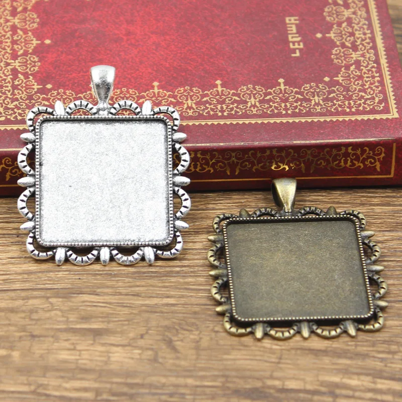 2pcs Fit 30mm Square Glass Cabochon Base Setting Hot Antique Bronze Silver Color Color Pendant Tray For Jewelry DIY Making