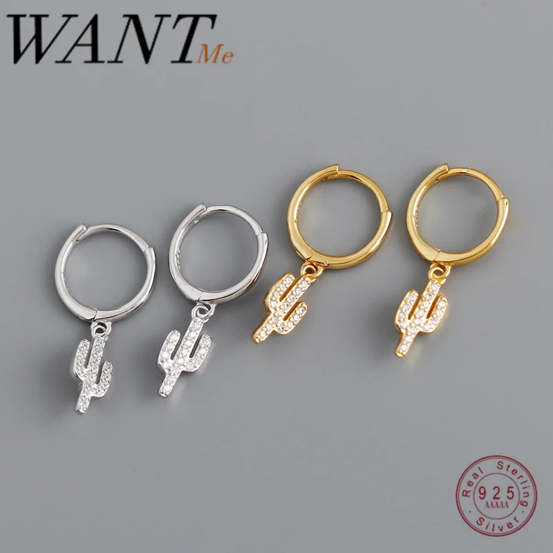 

WANTME Genuine 925 Sterling Silver Pave Zircon Cactus Ear Buckle for Fashion Women Creative Luxury Bohemian Jewelry Earrings