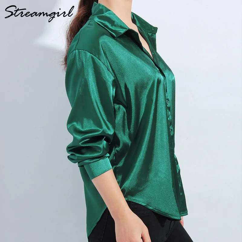 Satin Shirt Womens Green Long Sleeve Top Female Women\'s Elegant Blouse 2022 Office Wear Women White Imitation Silk Shirt Woman