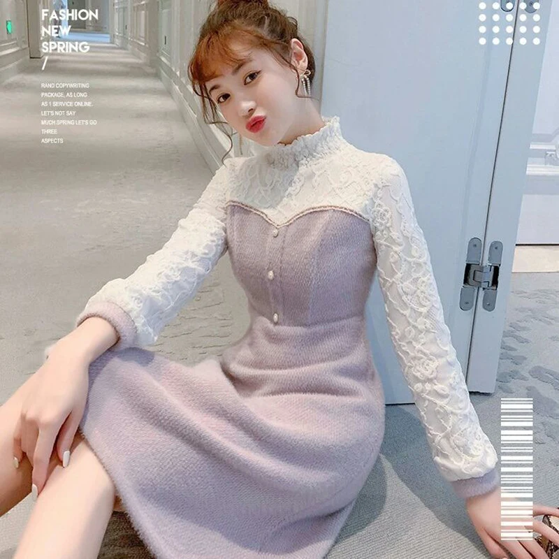 2021 Sweater Dress Autumn And Winter New High-Neck Warm Long-Sleeved Knitted Women\'s Self-Cultivation Woolen All-Match Skirt