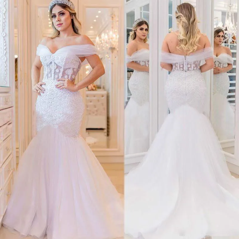 2025 African Illusion Wedding Dresses Beaded Mermaid Bridal Gown Plus Size Sexy Bride Backless robes de mariée Saudi Arabia