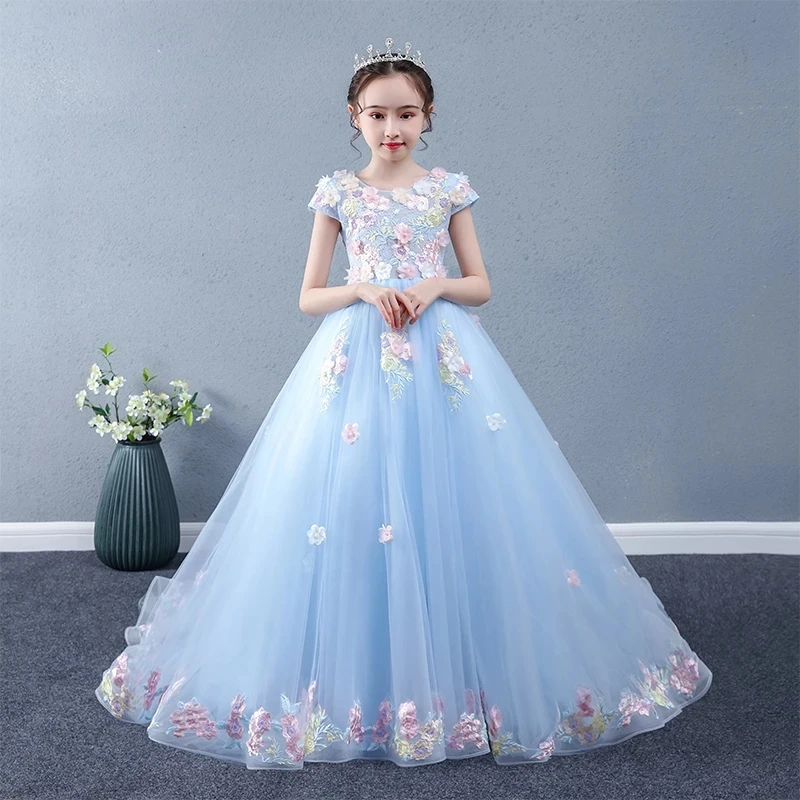 Flower Girl sukienki na ślub z wycięciem z krótkim rękawem sukienki komunijne dla dzieci aplikacje perłowa koronka w górę Princess Dress