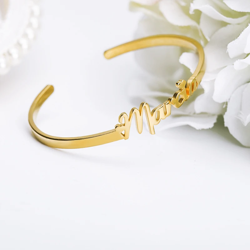 

Customized Nameplate Name Bracelet Personalized Custom Cuff Bangles Women Rose Stainless Steel Jewelry Charm Party Gifts