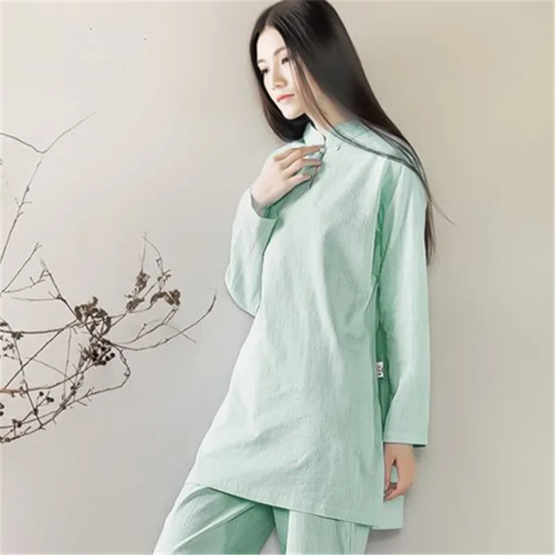 Women Yoga Set Autumn winter Linen Yoga Clothes Long Sleeve Yoga Shirt Pants Meditation Suit Tai Chi Clothing Kung fu uniforms