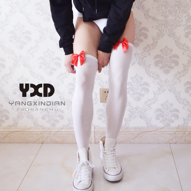 

1 Pair Men's Socks Man High Elastic Velvet Stage High Socks Men Sexy Pink Bow Transparent Silk Stockings Pantyhose Thigh Socks