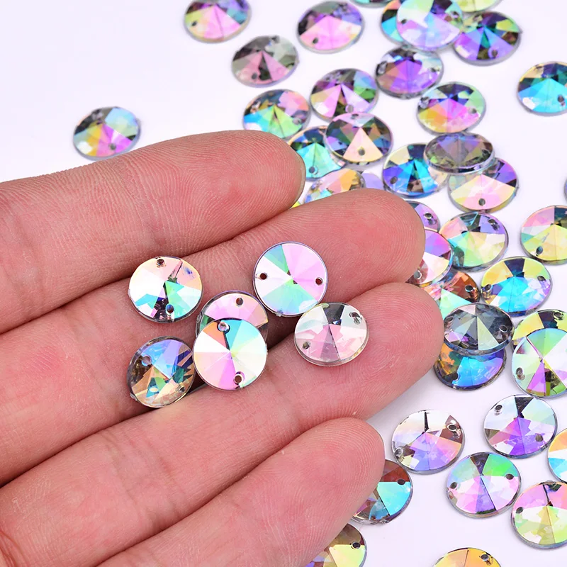 JUNAO 500pc 10mm Purple AB Flat Back Sewing Rhinestone Sew On Rivoli Strass Button Round Crystal Stone with Hole for Needlework