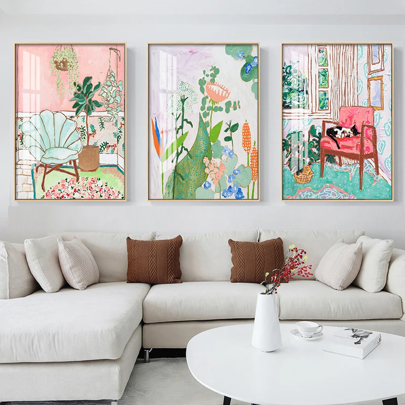 Nordic Pink Oil Painting Flower wall art canvas Posters Prints Landscape Pictures Living Room morden print Unframed Poster