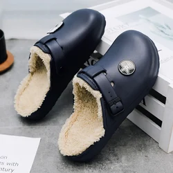 NEW Winter Men Waterproof Mule Clogs PU Warm Fluffy Cotton Indoor Shoes Buckle Slides Footwear Home Slippers  Plus Size 40-45