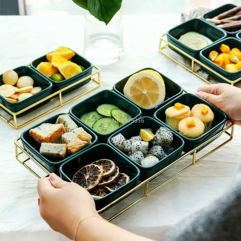 Nordic Luxury Emerald Ceramic Grid Snack Platter Simple Home Snack Nut Dessert Marmalade Tray Modern Home Living Roomstorage Box