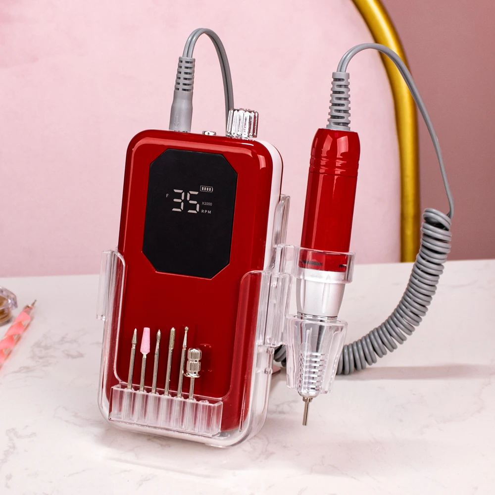 Red Portable Cordless Nail Drill Machine 35000RPM Rechargeable Wireless Manicure Electric Nail File Drill Lightweight Handle