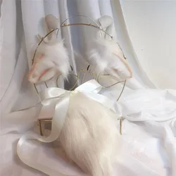 Handmade Anime Simulation Sheep Beast Ear Tail Wolf Cat Fox Ear Hair Hoop for Women Girl Custom COSPLAY