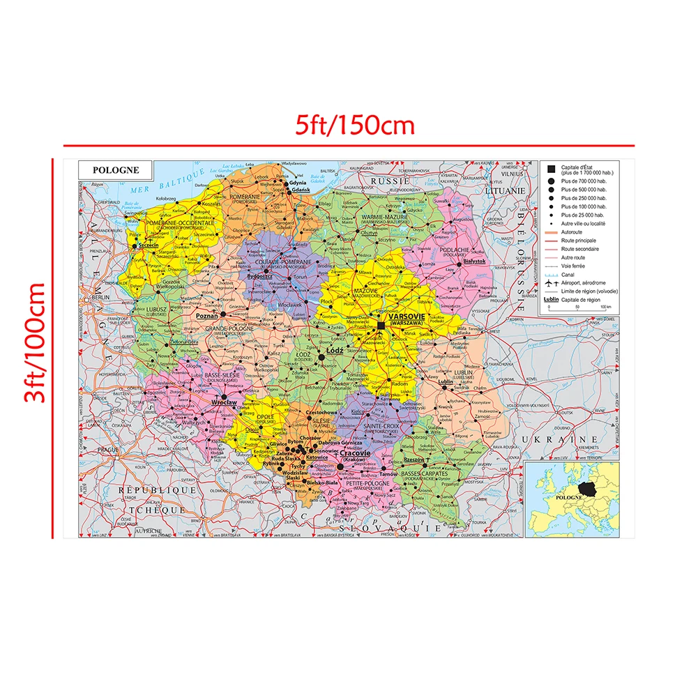 150*100 سنتيمتر بولندا النقل خريطة (باللغة الفرنسية) الجدار ملصق غير المنسوجة قماش اللوحة ديكور المنزل اللوازم المدرسية