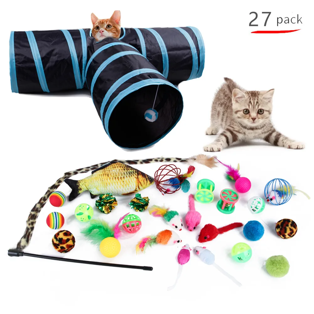 

27Pcs Cat Tunnel Tube Cat Toys Interactive Cat Toy Mouse Catnip Fish Rainbow Ball and Bells Toys for Cats Pet Cat Accessories