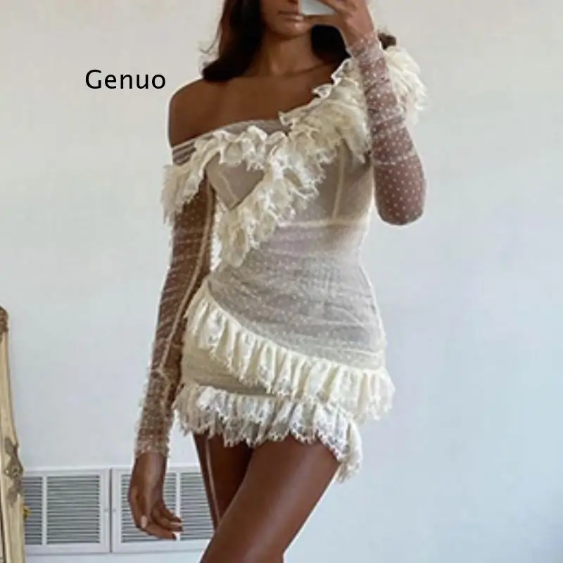 Ruffles Sexy Deer Lady Long Sleeve Off Shoulder Dress Summer White Lace Dress Bodycon Celebrity Night Club Party Polka Dot Dress