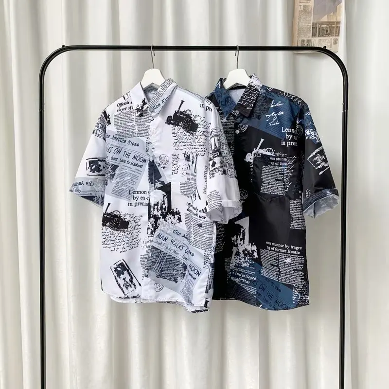 Newspaper Printed Hawaiian Beach Shirt for Men 2020 Summer Short Sleeve 3XL Aloha Shirts Mens Holiday Vacation Clothing Chemise