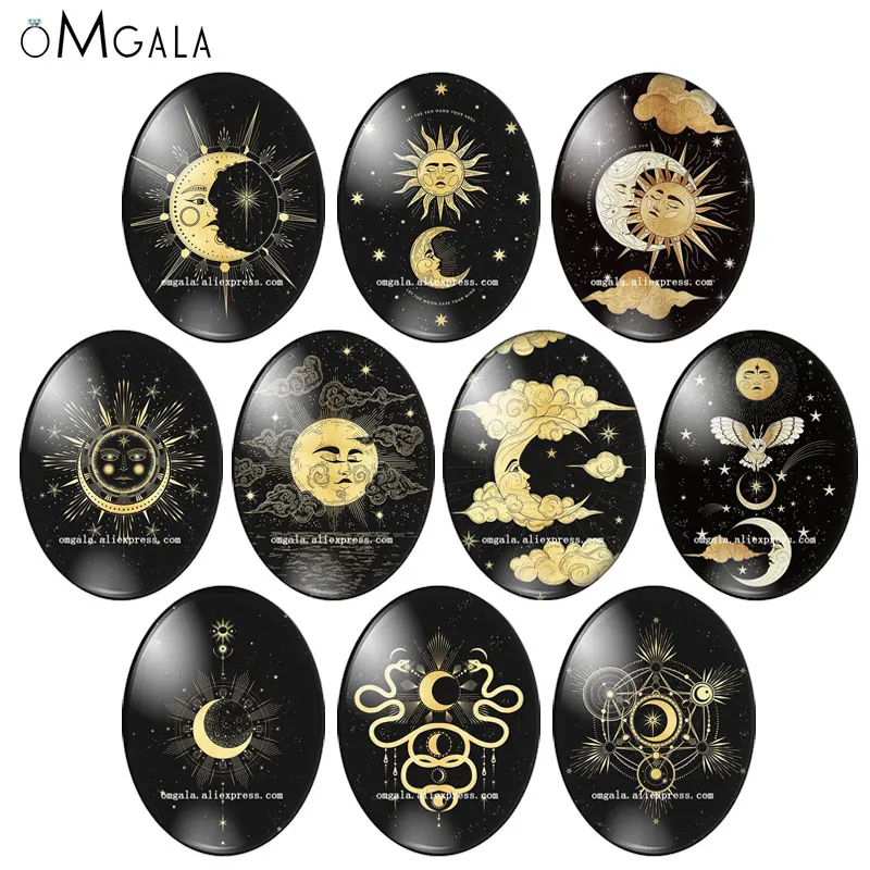 

Black Golden Sun and Moon Cartoon Patterns 13x18mm/18x25mm/30x40mm Oval photo glass cabochon flat back Making findings