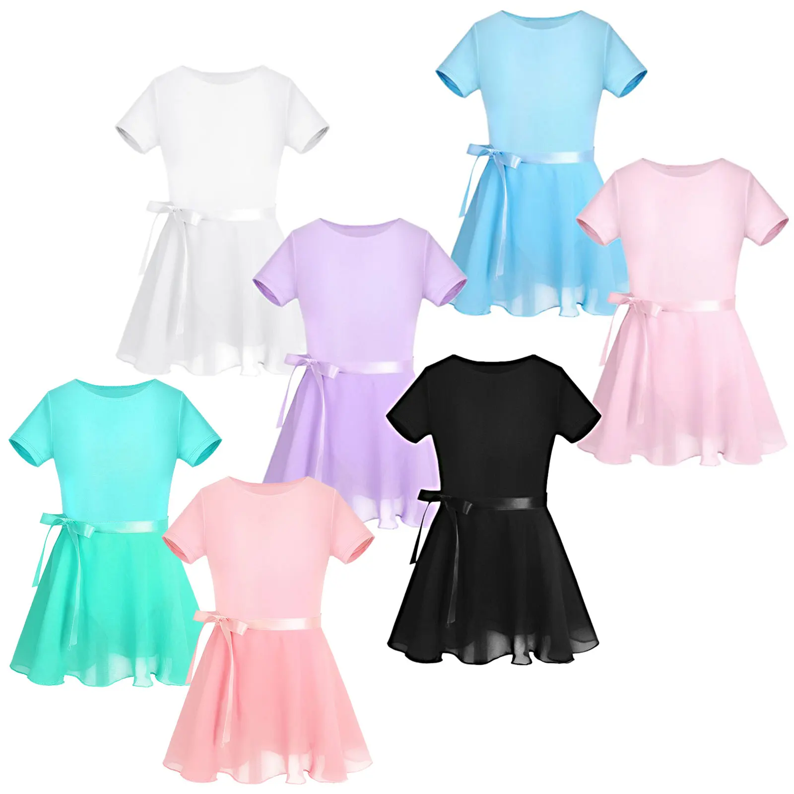 Crianças meninas vestido de balé outfit algodão manga curta ballet dança ginástica collant com chiffon amarrado saia conjunto dancewear