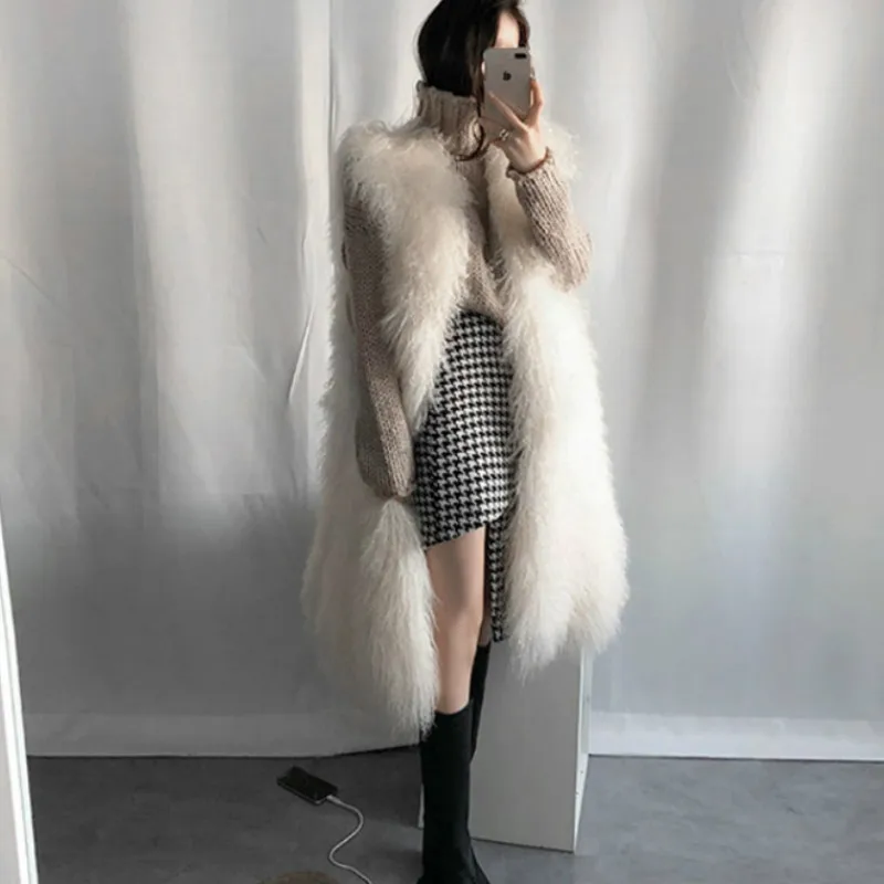 Winter Women Casual Slim Sleeveless Jacket Imitation Mink Chic Fur Tank Long Hair shaggy Cardigan Tops Faux Fox Fur Vest Coat