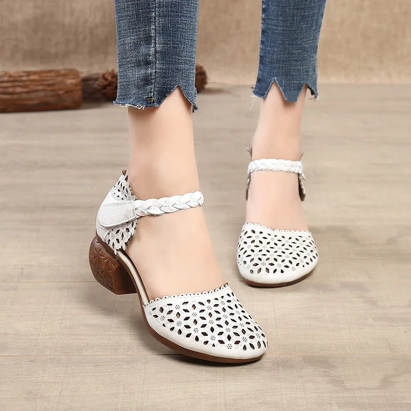 GKTINOO Genuine Leather Women Sandals Summer Shoes 5CM High Heels Retro Women Shoes 2024 Hollow Out Sandals