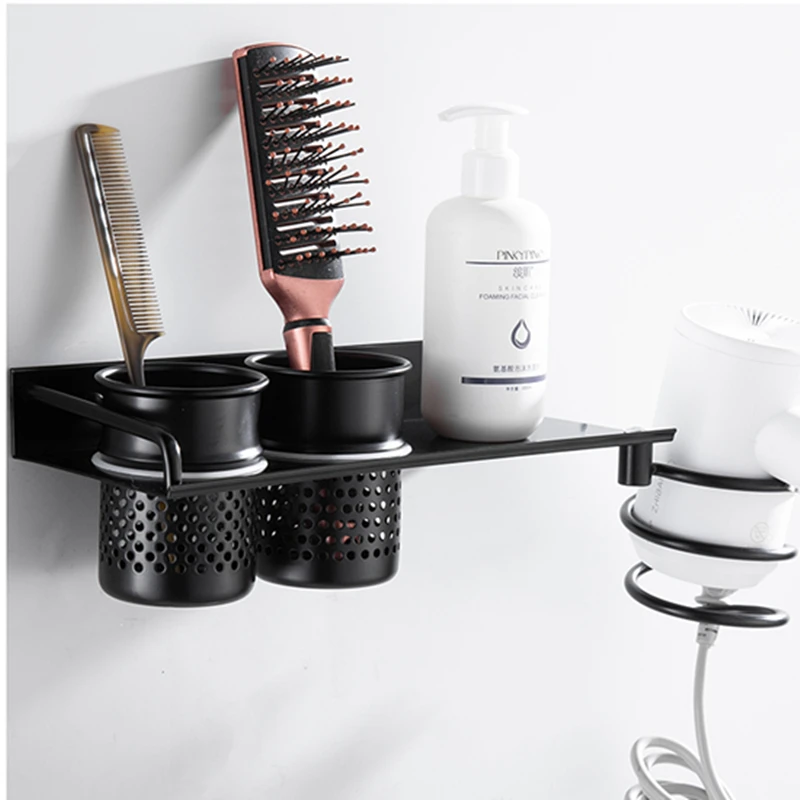 Black/Silver Hair Dryer Bracket Hanging Hair Dryer Organiser Shelf Wall Mounted Nail-perforated Bathroom Hardware Stand Aluminum