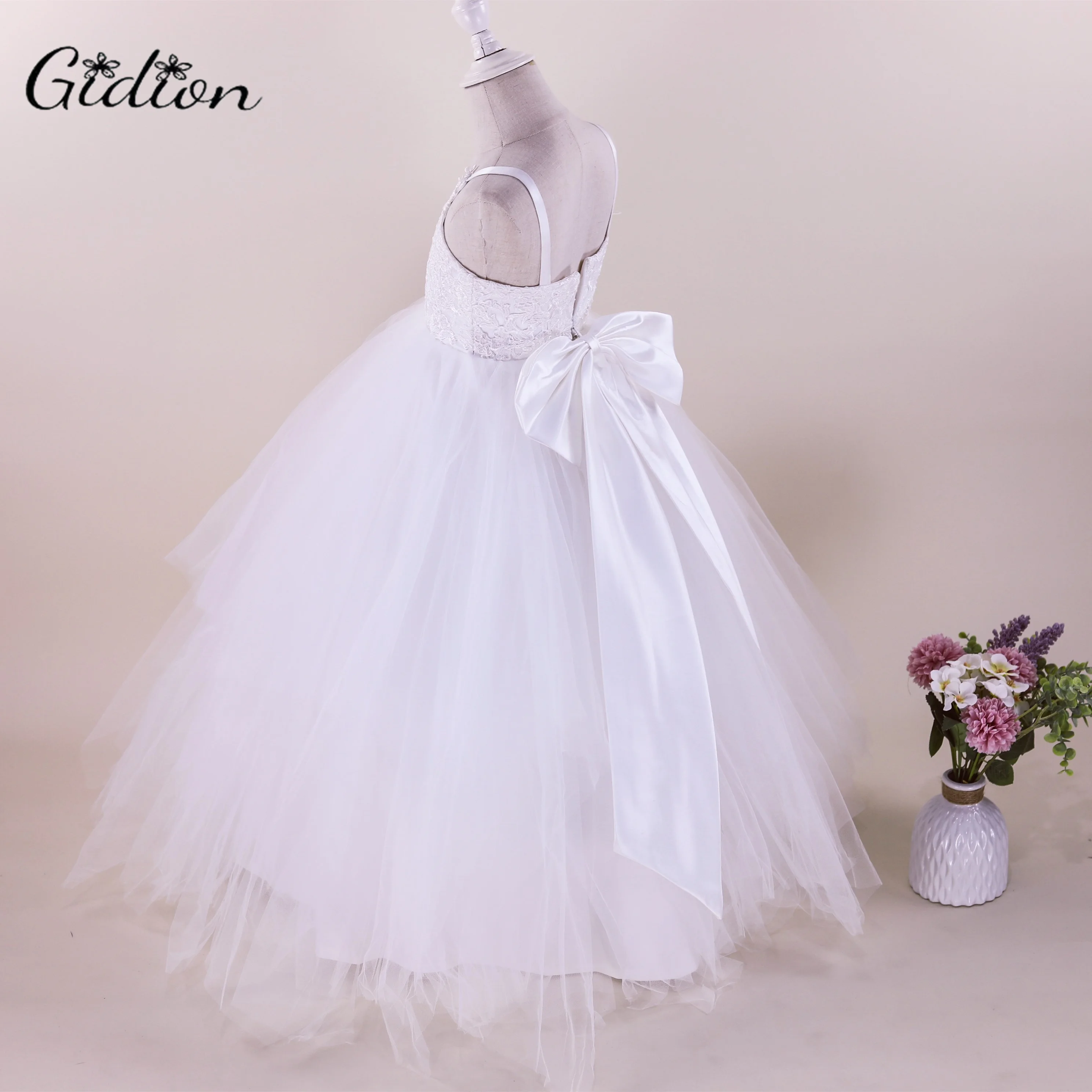 2-14 Years Lace Tulle Flower Girl Dresses For Wedding Sheer Lace Applique Back Girls Pageant Gowns Princess Dresses With Bow