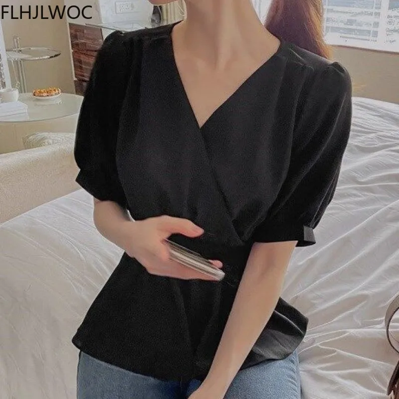 Korea Chic Tops Blusas Women Fashion Flhjlwoc Slim Belly Peplum Design Ruffled V Neck Peplum Solid Black White Blouse