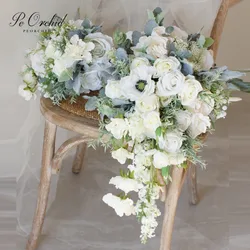 PEORQUID-Branco Cascading Bridal Flower Bouquet, Artificial Eucalyptus Roses, Bouquet De Casamento Para Noiva Fotografia, Luxo, 2022