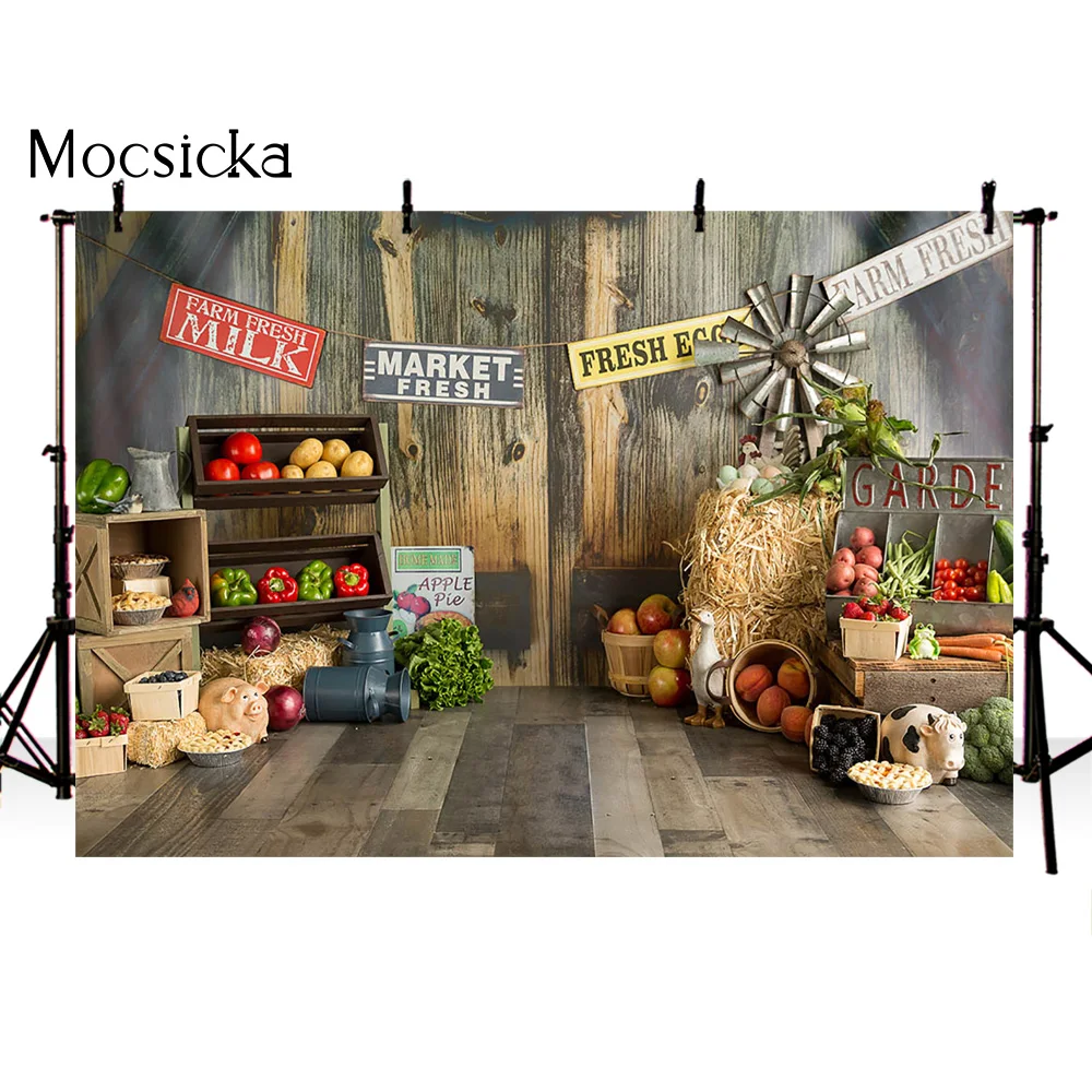 Farm warehouse rustic wood newborn birthday portrait photo background vegetables fruit children baby birthday party decoration