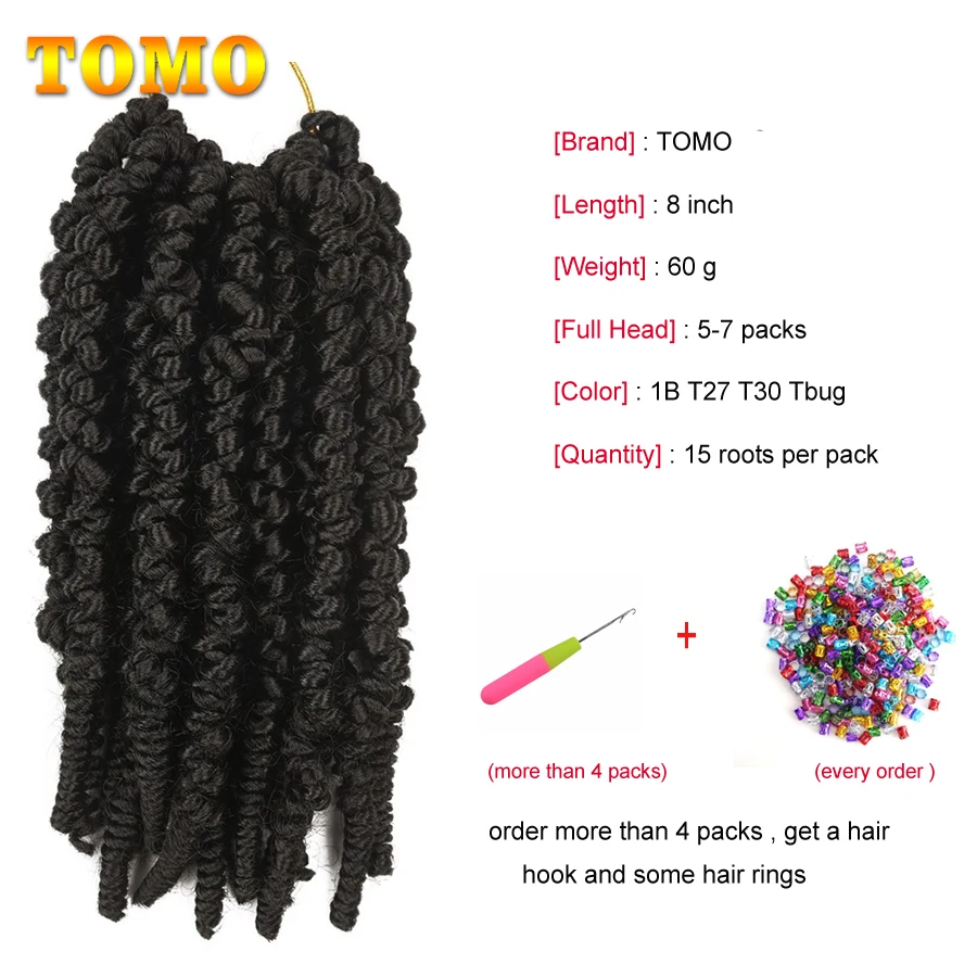 TOMO 8" Bomb Twist Fluffy Curly Braids Ombre Color Pre-twisted Passion Twist Crochet Hair Synthetic Spring Twist Braids 15 Roots