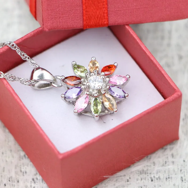 Silver 925 Flower Pendant Necklace for Women Multicolor Cubic Zirconia White Crystal Wedding Accessories