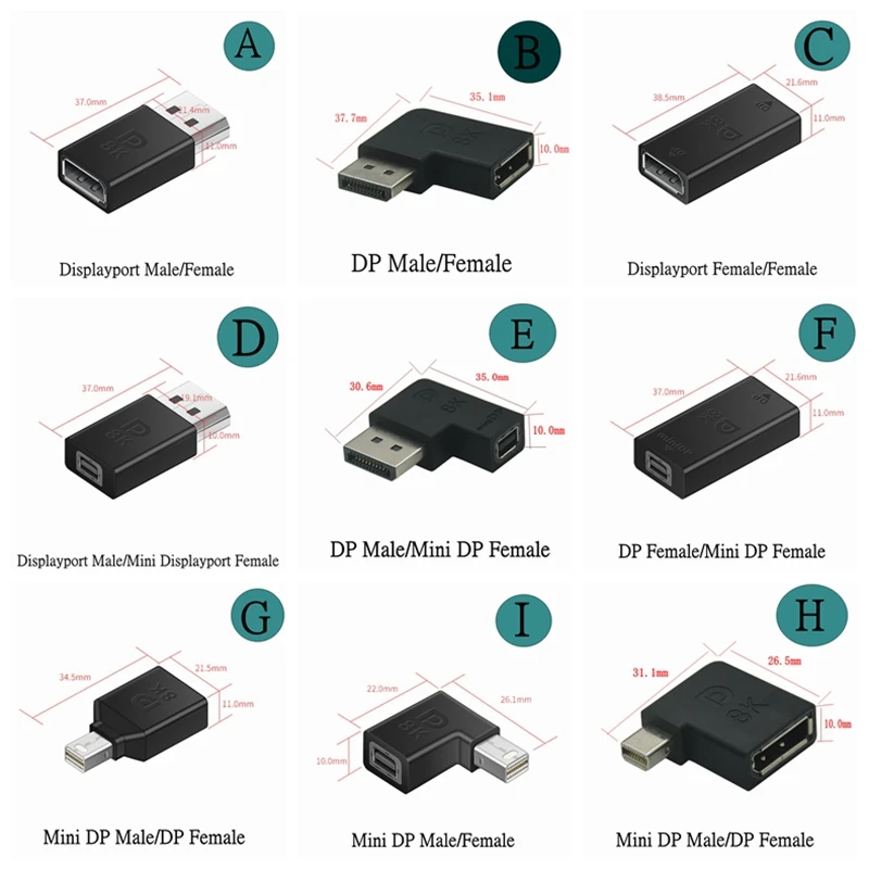 Displayport 1.4V To Mini DP Adapter Right Angled DP 8k/60Hz 4k/ 2K/165Hz Pass Through 90 Degree Angle Displayport 1.4 Converter